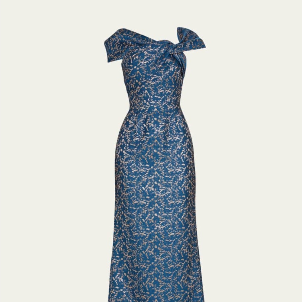 Elegant Blue Patterned Off-Shoulder Dress